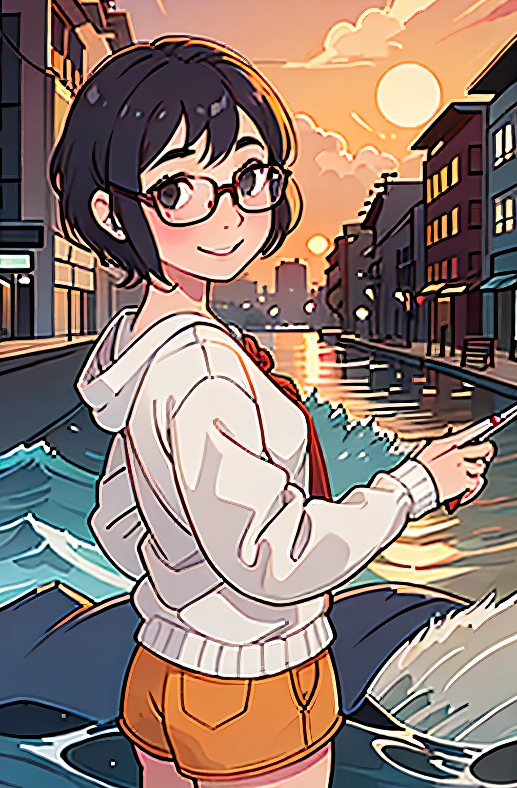 Girl,Short hair tied,wearing glasses,Background City,Under the sunset,Wave,Smile,