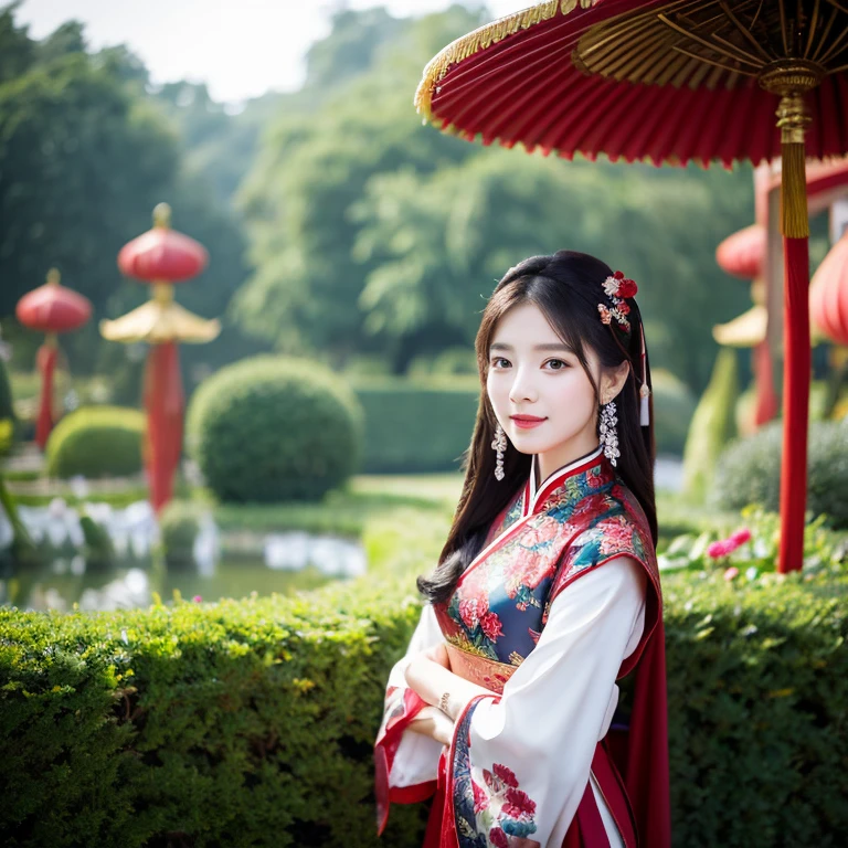 1 young woman aged 30 years, Beautiful, long, flowing hair,Wear silver and gold jewelry.,Face with heavy makeup, clearly enhance beauty, Looking at the camera with sexy eyes, In a dark red, dark blue dress., Standing, walking, different actions, In a flower garden,There is a Chinese style hut., Chinese woman, traditional chinese clothing Taken with a high quality camera 45,000,000,000 pixels 16k,,