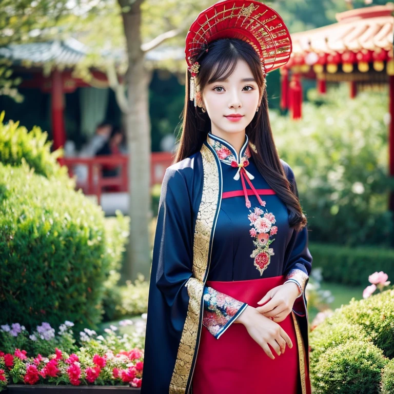ung woman aged 30 years, Beautiful, long, flowing hair,Wear silver and gold jewelry.,Face with heavy makeup, clearly enhance beauty, Looking at the camera with sexy eyes, In a dark red, dark blue dress., Standing, walking, different actions, In a flower garden,There is a Chinese style hut., Chinese woman, traditional chinese clothing Taken with a high quality camera 45,000,000,000 pixels 16k,,