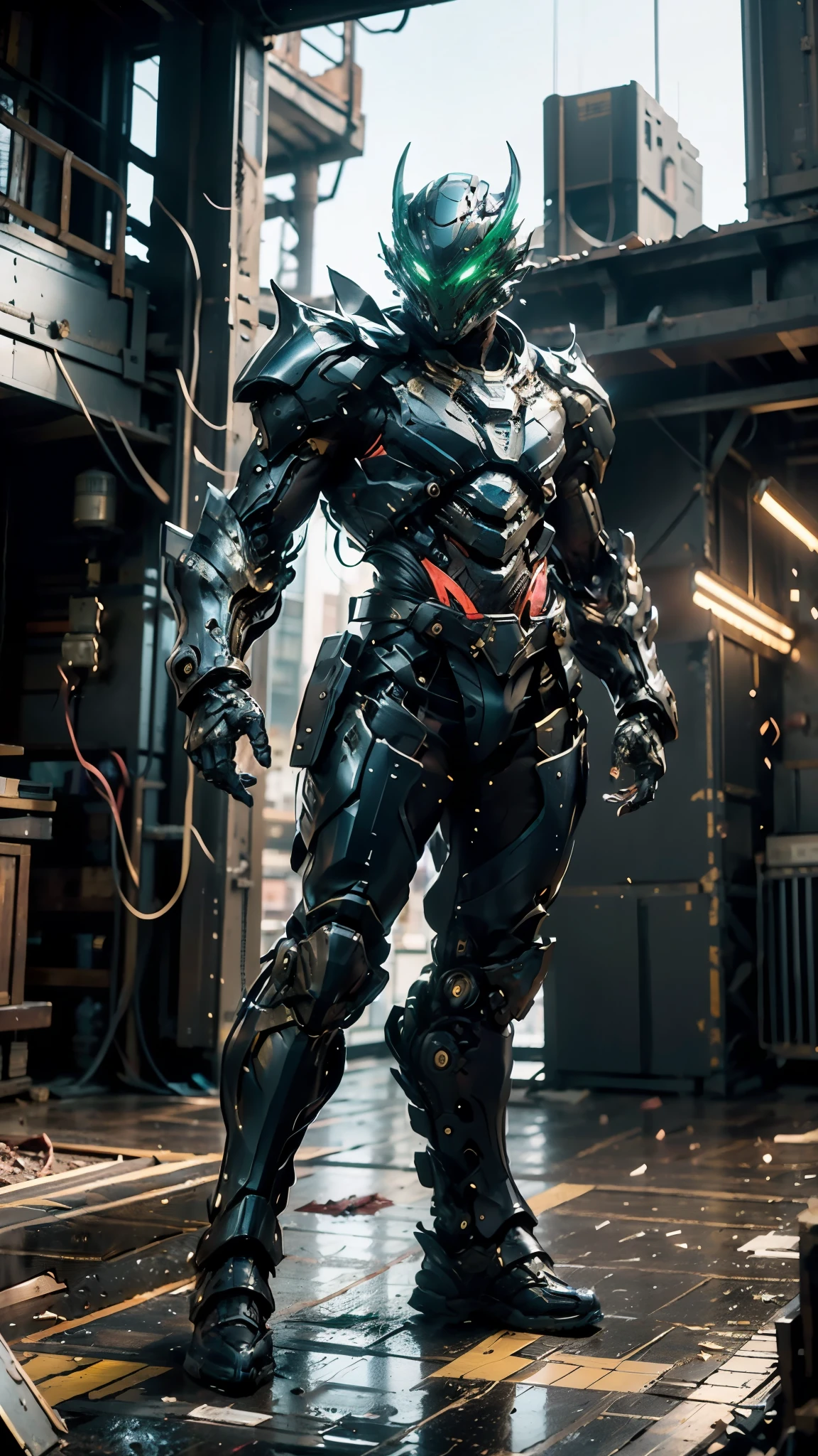 A man wearing a full-face helmet, a fantasy-style biotech armored combat suit, green eyes, (a composite layered chest armor), fully enclosed shoulder guards, matching arm and leg guards, the belt is adorned with dragon claw grasping orbs, (the color scheme is primarily white with red and blue accents), the design balances heavy with agility, a high-tech bio-mecha armor, (Armor Concept Inspired by Dragon, stand on the top of a skyscraper in a futuristic sci-fi city), this character embodies a finely crafted fantasy-surreal style armored hero in anime style, exquisite and mature manga art style, (battle damage, element, plasma, energy, the armor glows), ((male:1.5)), metallic, real texture material, dramatic, high definition, best quality, highres, ultra-detailed, ultra-fine painting, extremely delicate, professional, perfect body proportions, golden ratio, anatomically correct, symmetrical face, extremely detailed eyes and face, high quality eyes, creativity, RAW photo, UHD, 32k, Natural light, cinematic lighting, masterpiece-anatomy-perfect, masterpiece:1.5