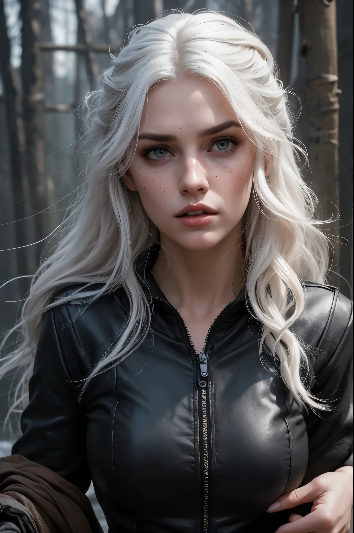 linda com longos cabelosbrancoos e olhos azuis cristalinos parecida com a yennefer do jogo the witcher, She wears a black leather jacket and is in the middle of a fierce battle against enemy soldiers...., your face is stained with blood and freckles, Your skin is white, and his expression is angry