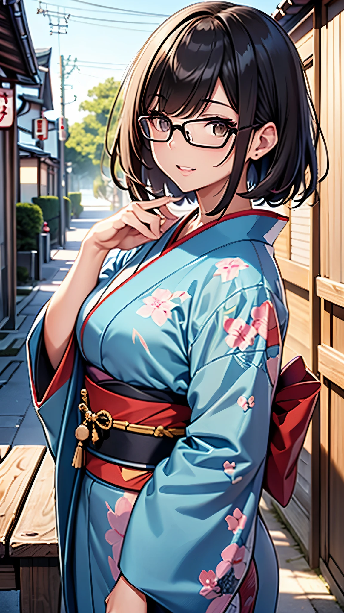 (Tabletop, highest quality, Capture the cutest moment, Depth of written boundary, Ultra-detailed, Ultra-high resolution, c4d, Octadale, 3D Modeling, 8k, 16K, One Girl,, ,Black-haired,short hair,Straight Hair,Light brown eyes, Horseshoe shaped hair band,Wearing black glasses,Laughter),kimono,Japan Textile Print