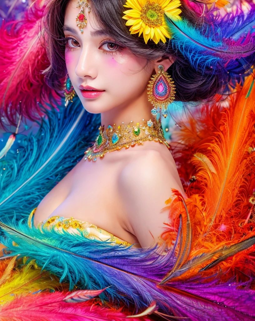 highest quality、highest quality、Official Art、Beautiful, beautiful:1.2)、(1 girl:1.3)、Small breasts、Exposing shoulders、Blonde、Color featheretal ornaments、色のflower、particle、Raystar Light Peace、Highly detailed girl 、(Fractal Art:1.1)、(colorful:1.1)(flower:1.3)、Most detailed、(Zentangle:1.2)、(Dynamic pose)、(Abstract background:1.3)、(Shiny skin)、(Many colors:1.4 )、(View your viewers)、(Earrings:1.4)、(feather:1.4),