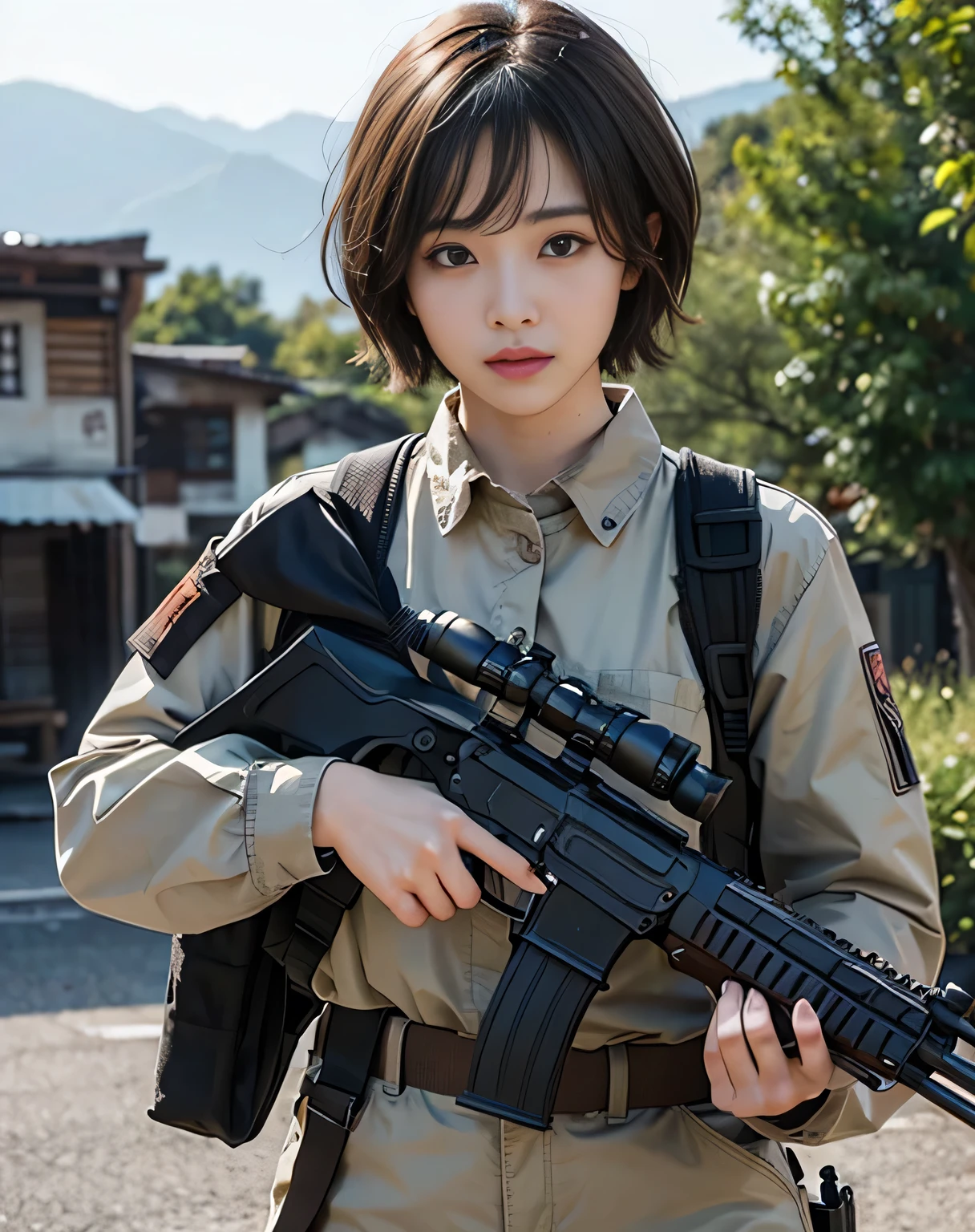 Photorealistic、Realistic skin texture、Automatic rifle、Short hair girl