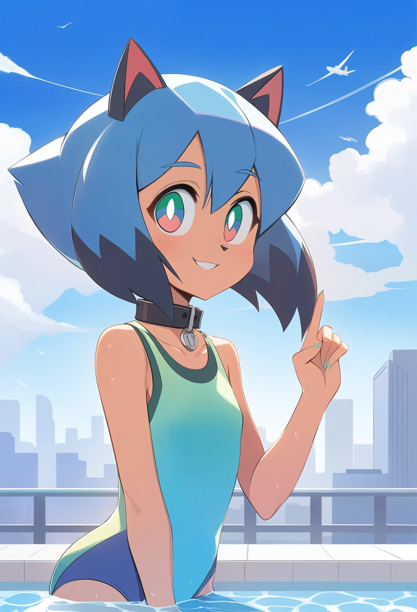 score_9, score_8_up, score_7_up, scalie schoolie, solo (michiru kagemori:1.25), one-piece swimsuit, pose, flat chested, smile, hand up, collar, half-length portrait, three-quarter view, BREAK, swimming pool, cloud, summer day, (detailed background, cityscape:1.25), masterpiece, best quality, solo,