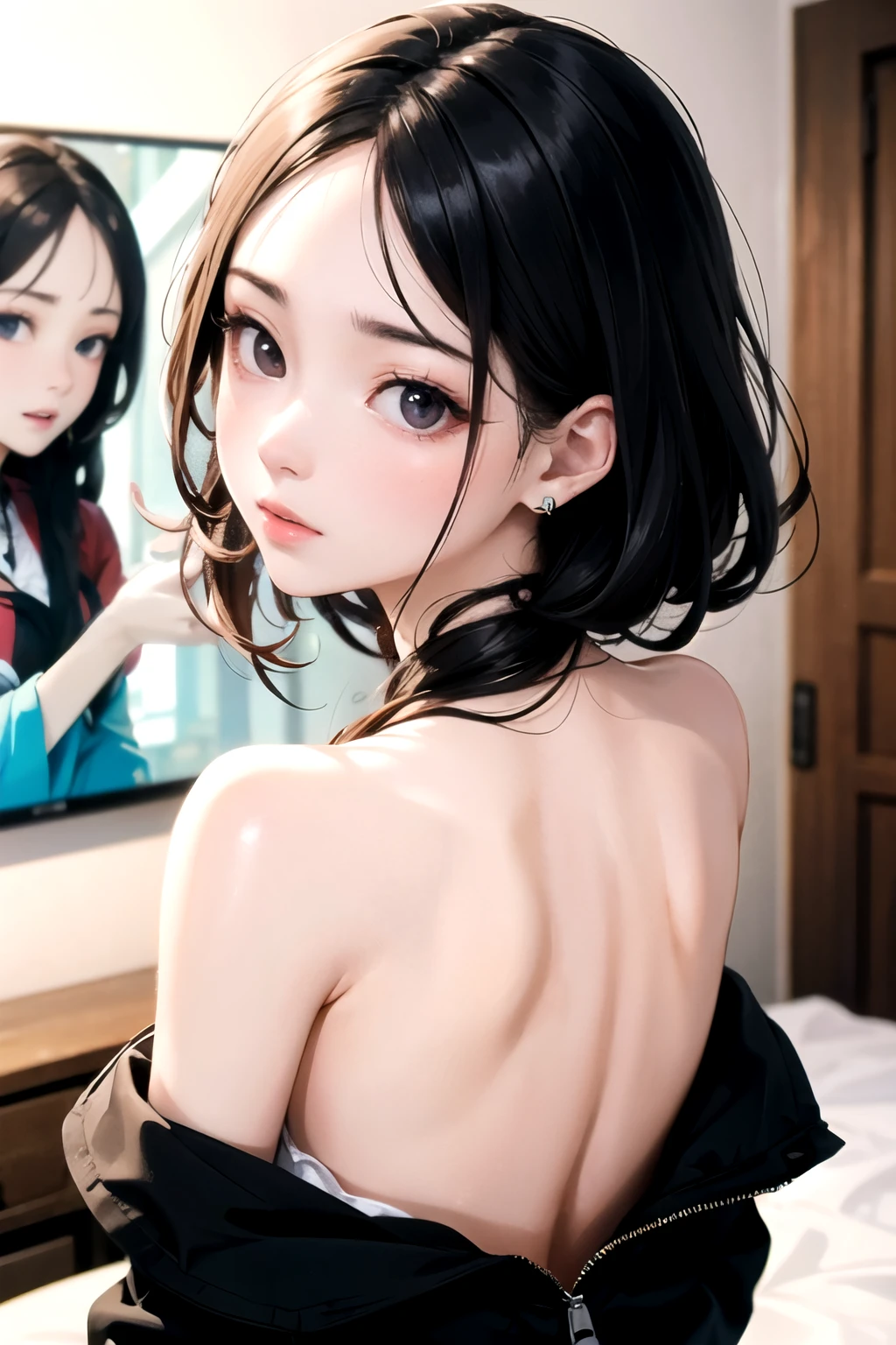 (beste-Qualit、8k、32k、​masterpiece、UHD:1.3)、(Attractive Japanese Woman Pictures)、1 girl in、(ultra-fine breasts:1.2)、(short wavy hair)、Perfect body、hyperdetailed face、detailed lips、finely eye、双眼皮、s Pajamas、on the beds、(Seductive)、((agitation:1.5))、((areolae slip))、Fresh --auto