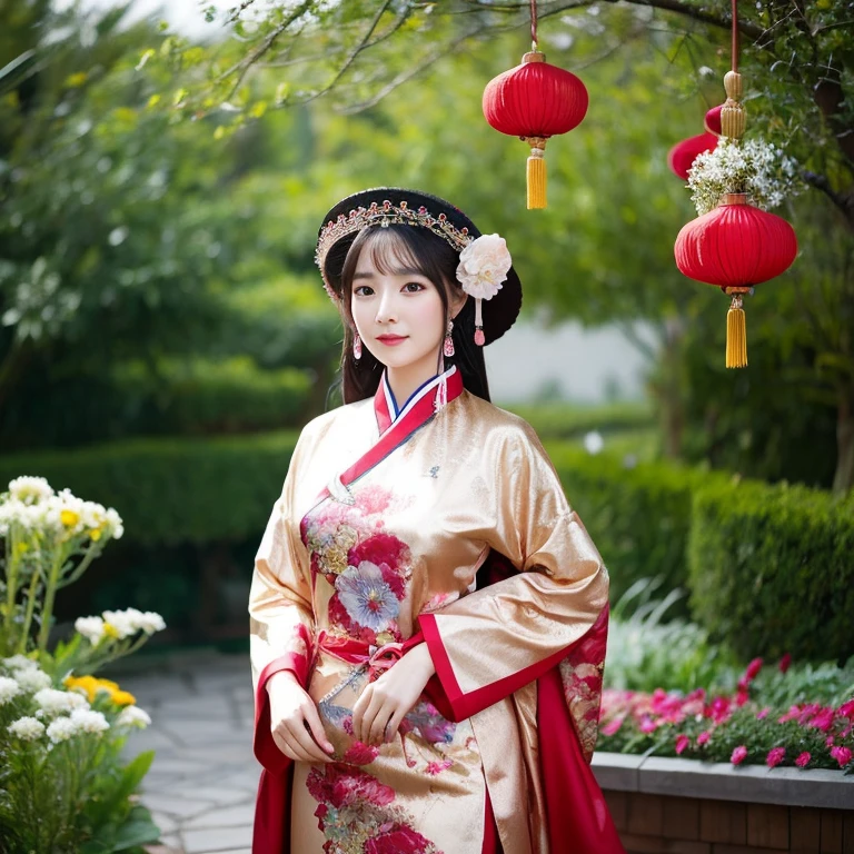 1 young woman aged 30 years, Beautiful, long, flowing hair,Wear silver and gold jewelry.,Face with heavy makeup, clearly enhance beauty, Looking at the camera with sexy eyes, In a dark red, dark blue dress., Standing, walking, different actions, In a flower garden,There is a Chinese style hut., Chinese woman, traditional chinese clothing Taken with a high quality camera 45,000,000,000 pixels 16k,,