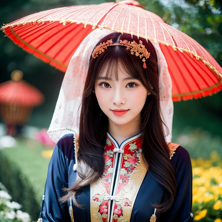 1 young woman aged 30 years, Beautiful, long, flowing hair,Wear silver and gold jewelry.,Face with heavy makeup, clearly enhance beauty, Looking at the camera with sexy eyes, In a dark red, dark blue dress., Standing, walking, different actions, In a flower garden,There is a Chinese style hut., Chinese woman, traditional chinese clothing Taken with a high quality camera 45,000,000,000 pixels 16k,,