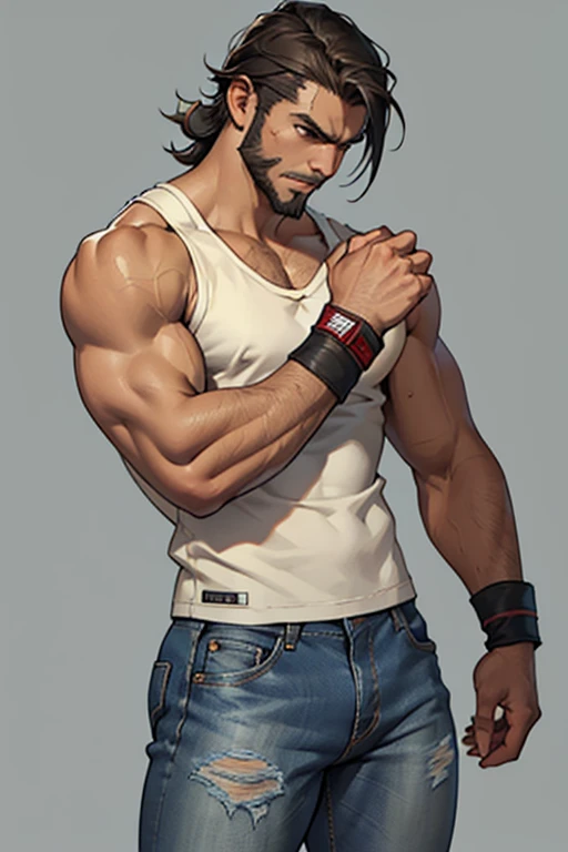 masculine young guy, short beard ((dark tanned skin)), short cropped hair, ((has wolf ears)), ((has wolf tail)), wearing denim pants, stylish ((gym shirt)), ((he is solo)), ((he is alone)), has detailed glowing eyes, muscular thighs