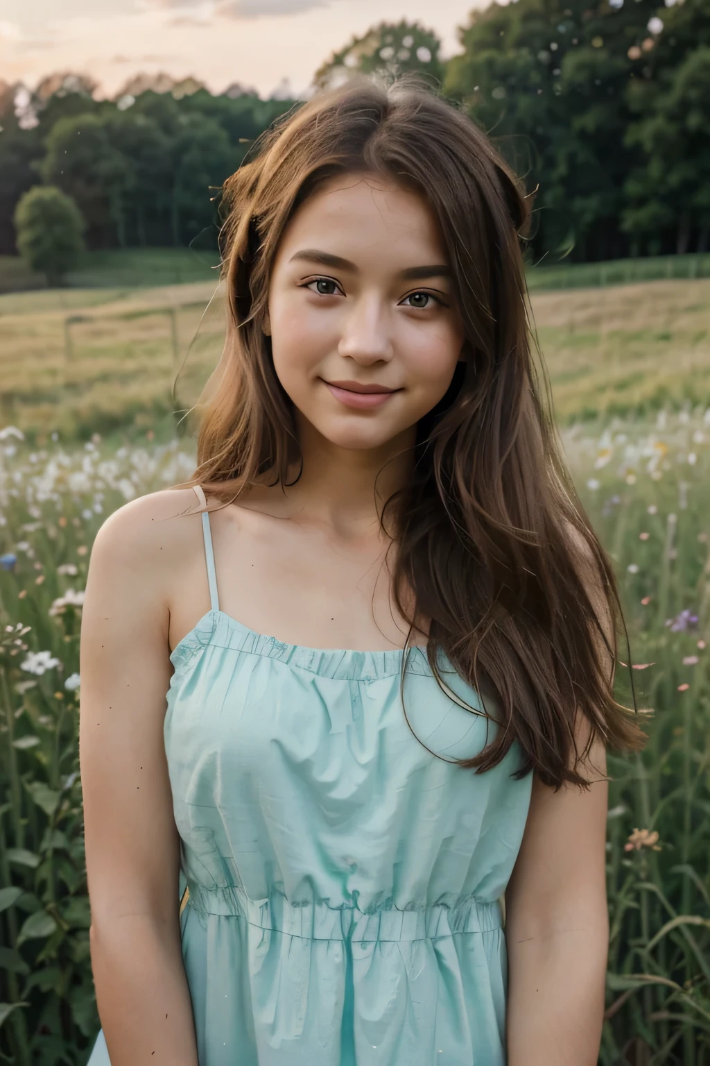 [Character Name]: "Mia zaklin"; "19"; "student"
[Descriptive Attributes]: "petite figure"; "graceful posture"; "bright green eyes"
[Hair Description]: "chestnut brown hair"; "straight and sleek"
[Activity/Setting]: "exploring a meadow"; "sunrise"; "picking wildflowers"
[Unique Features]: "rosy cheeks"; "tiny silver nose ring"; "playful smile"
[Location]: "countryside meadow"
[Lighting Condition]: "soft morning light"
[Specific Elements]: "flowing summer dress"; "barefoot in dewy grass"

[Camera Type]: "Sony A7 III"; "35mm f/1.4 lens"; "mirrorless"
[Art Style]: "natural and whimsical"; "vivid colors"; "soft edges"
[Additional Effects]: "soft vignette"; "natural bokeh"
[Overall Mood]: "innocent"; "joyful"; "refreshing"
[Resolution]: "4K"; "300 DPI"; "ultra high definition"
[Technique/Software]: "Adobe Lightroom"; "color enhancement"; "Photoshop retouching"
[Desired Effect]: "youthful exuberance"; "pure beauty"; "charming simplicity"

This profile aims to capture the essence of youthful innocence and natural beauty in a serene, countryside setting.