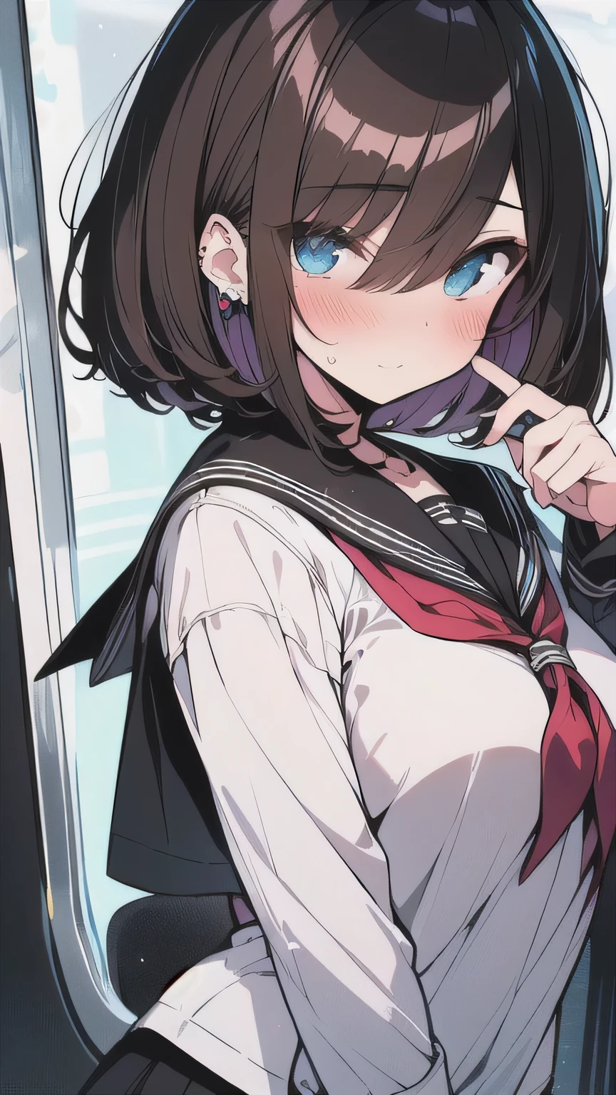 (best quality), (Super detailed), (Best Illustration), (masterpiece), (woman), high contrast, {(serafuku:1.2)}, (large breasts), {brown hair, (sideburns), (bob cut:1.3), curly hair, hairs between eyes, colored inner hair}, {(detailed eyes), blue eyes}, blush, earring, wind, (in train)