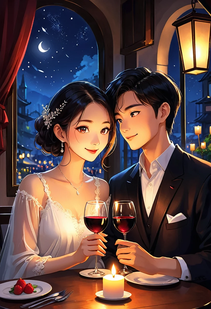 At a restaurant at night、The soft light of the candles illuminates the couple.。They clinked their wine glasses、Toast。Their eyes meet、Deep love flows quietly。Time just between the two of us seems to pass slowly。The candle light、Add an extra romantic touch to their special night.、It&#39;s filled with unforgettable memories。