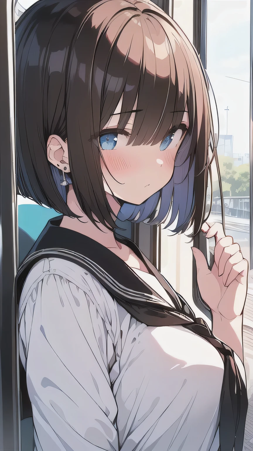 (best quality), (Super detailed), (Best Illustration), (masterpiece), (woman), high contrast, {(serafuku:1.2)}, (large breasts), {brown hair, (sideburns), (bob cut:1.3), curly hair, hairs between eyes, colored inner hair}, {(detailed eyes), blue eyes}, blush, earring, wind, (in train)