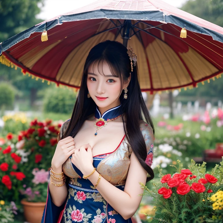 1 young woman aged 30 years, Beautiful, long, flowing hair,Wear silver and gold jewelry.,Face with heavy makeup, clearly enhance beauty, Big, bouncy breasts, Looking at the camera with sexy eyes, In a dark red, dark blue dress., Standing, walking, different actions, In a flower garden,There is a Chinese style hut., Chinese woman, traditional chinese clothing Taken with a high quality camera 45,000,000,000 pixels 16k,,