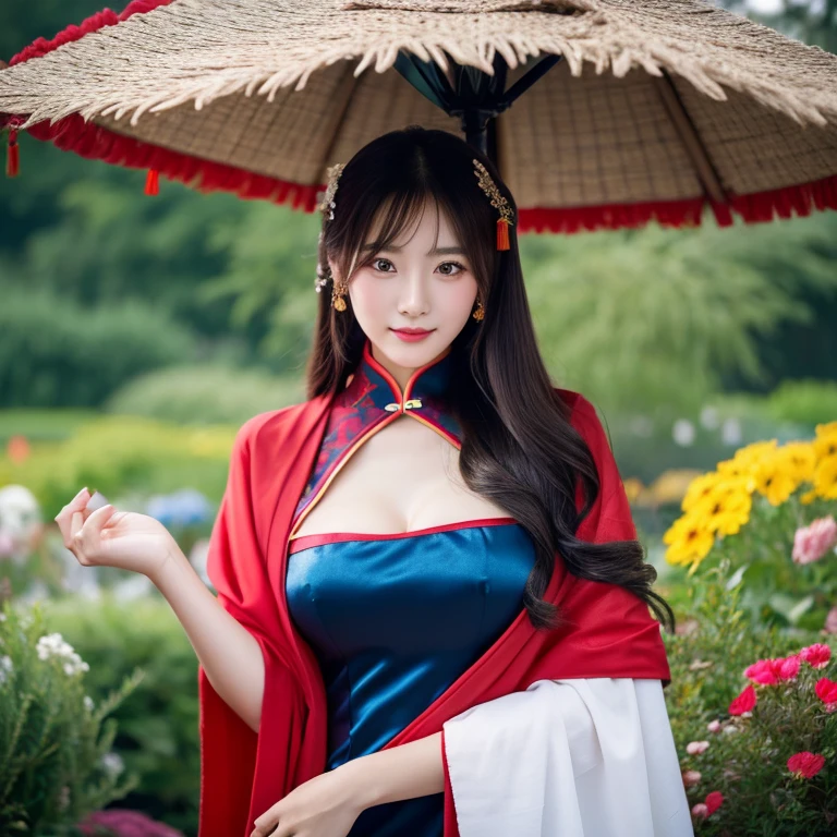ung woman aged 30 years, Beautiful, long, flowing hair,Wear silver and gold jewelry.,Face with heavy makeup, clearly enhance beauty, Big, bouncy breasts, Looking at the camera with sexy eyes, In a dark red, dark blue dress., Standing, walking, different actions, In a flower garden,There is a Chinese style hut., Chinese woman, traditional chinese clothing Taken with a high quality camera 45,000,000,000 pixels 16k,,