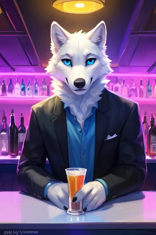 (((Atlas a white Wolf with blue eyes and nose and black hair indoors, inside a club bar mixing dranks, makeing dranks ))) , big chest wearing clothing , day, , sensual, detailed, uploaded to e621, beautiful and detailed portrait of an anthropomorphic , (((male))) uploaded to e621, zaush, foxovh, movie lighting, thicc, alone, movie cover, detailed, 8k res, hires, detailed eyes, good anatomy, good perspective, towards viewer, by bebebebebe, by sicklyhypnos, by gerkk, by orf, nice hands, perfect hands, happy, romantic, ray tracing lighting, rtx on