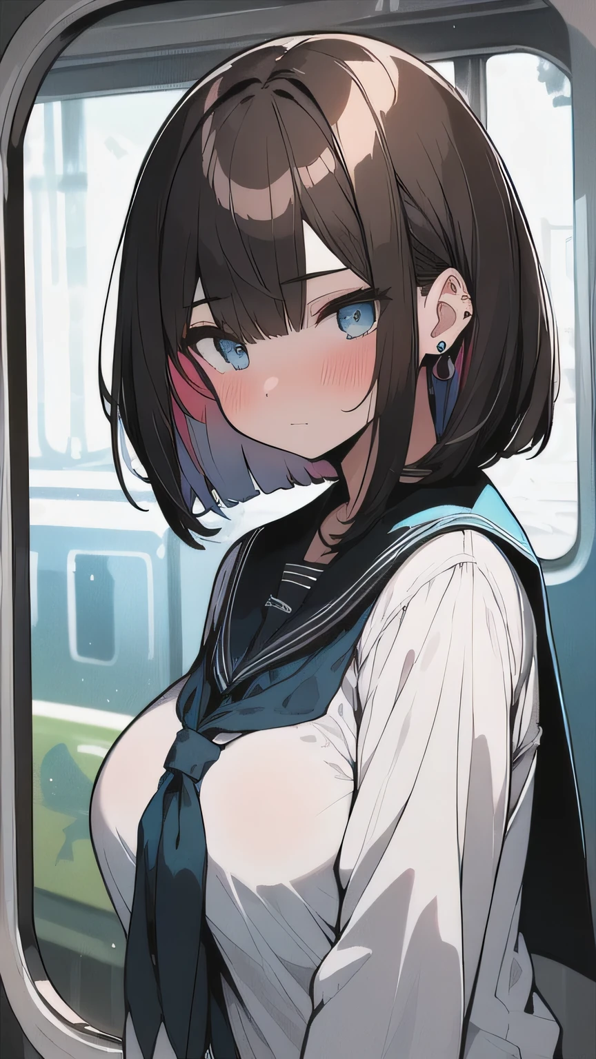 (best quality), (Super detailed), (Best Illustration), (masterpiece), (woman), high contrast, {(serafuku:1.2)}, (large breasts), {brown hair, (sideburns), (bob cut:1.3), curly hair, hairs between eyes, colored inner hair}, {(detailed eyes), blue eyes}, blush, earring, wind, (in train)