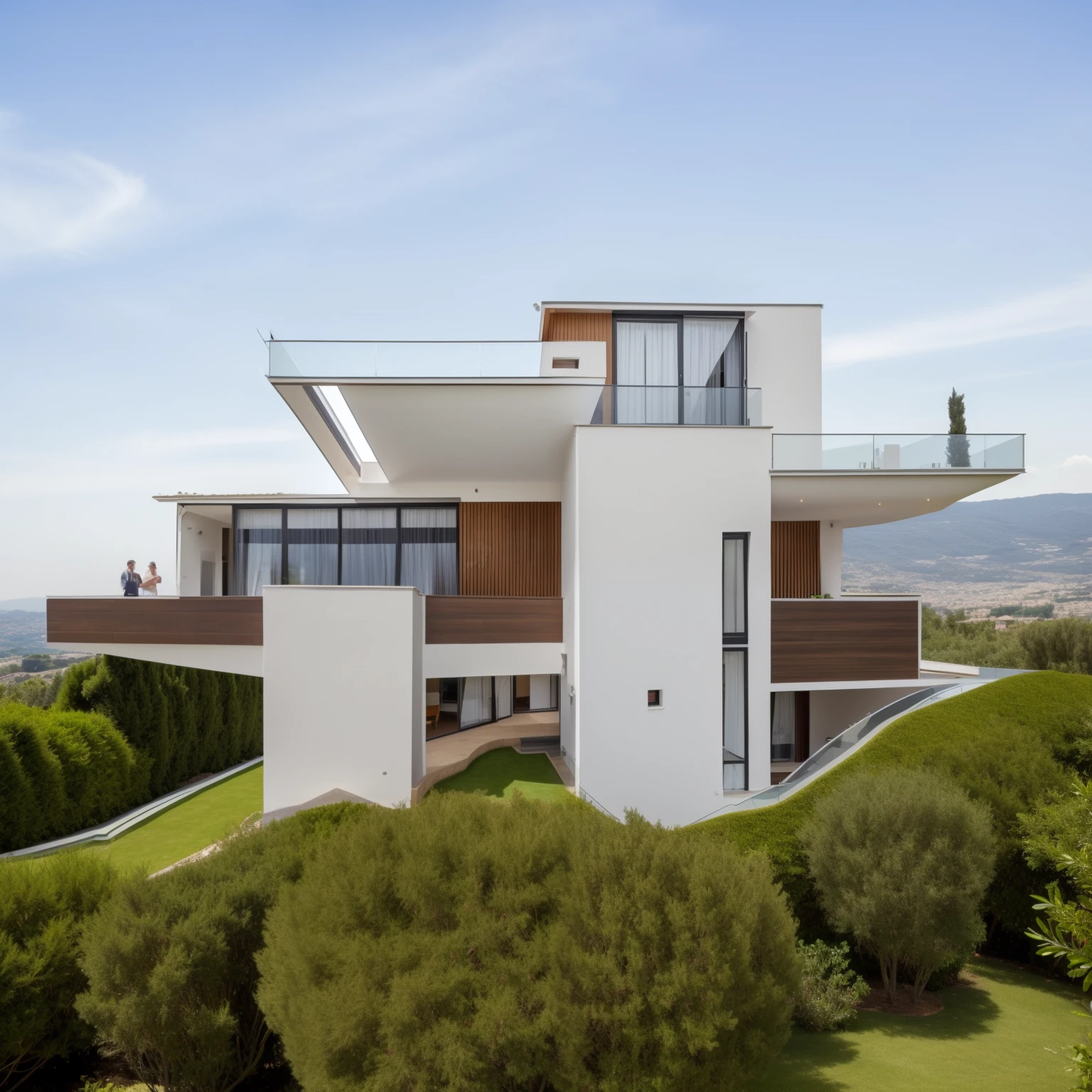 arafed maison moderne with a large balcony, Villa on the hill, maison contemporaine, large modern residence, chef d&#39;well designed work, vue de face, maison moderne, exterior wide angle 2023, clear sky, architecture contemporaine, archaic, un plan lointain de face, maison conceptuelle, Neoclassical, Neoclassical, conception architecturale globale, maison urbaine, award-winning modern design