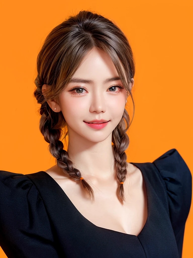 (masterpiece, highest quality, sfw:1.8),1 girl, alone, realistic, realistic, light colored black eyes, black twin braids hair with highly detailed shiny hair, Winter clothes, Whity, lips, bangs, outdoor, closed mouth, Upper body、Big eyes、eyelash、((very simple orange background:1.8))、(((Black French Braid, Big eyes、big and full chest、avoiding eye contact 、beautiful beauty、show me your ears、long neck)))、ideal body proportions、{Huge|big|Huge|mega} chest, cleavage:2, Blushing, Shy smile, Embarrassed, Flushed cheeks, Timid expression, Coy look, Bashful, Sheepish grin