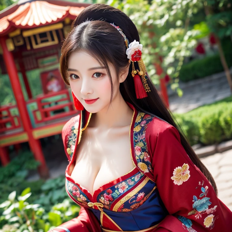 ****ung woman aged 30 years, Beautiful, long, flowing hair, Face with heavy makeup, clearly enhance beauty, Big, bouncy breasts, Looking at the camera with sexy eyes, In a dark red, dark blue dress., Standing, walking, different actions, In a flower garden,There is a Chinese style hut., Chinese woman, traditional chinese clothing Taken with a high quality camera 45,000,000,000 pixels 16k,,