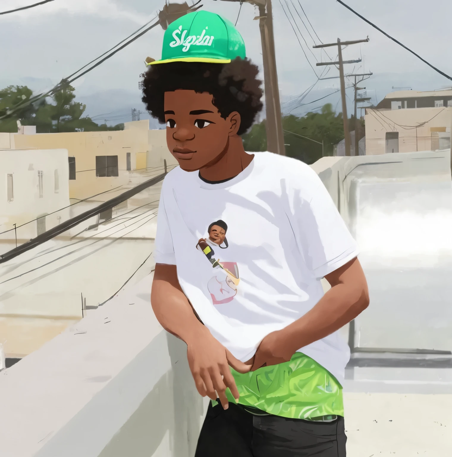 A black skater kid with an Afro wearing cool skater clothing