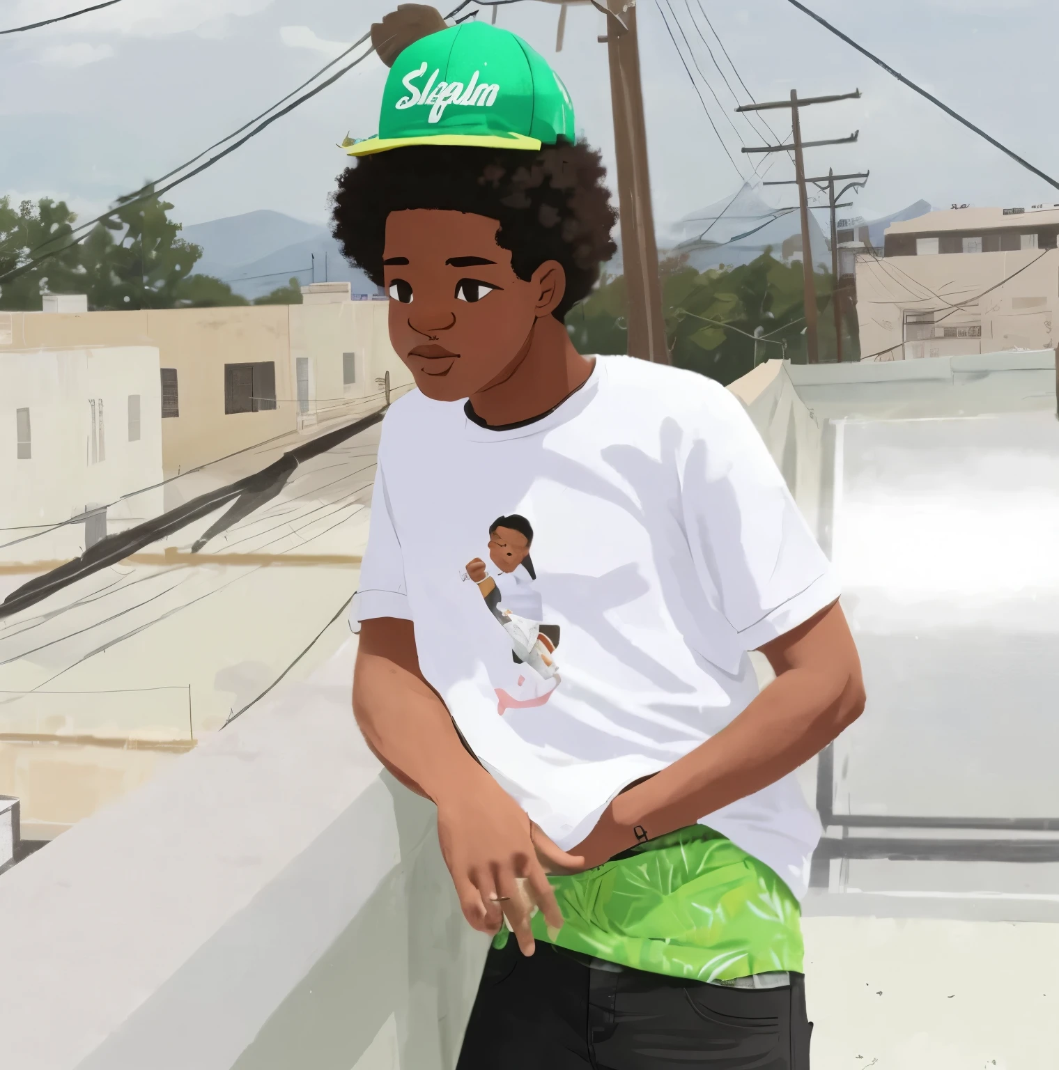 A black skater kid with an Afro wearing cool skater clothing