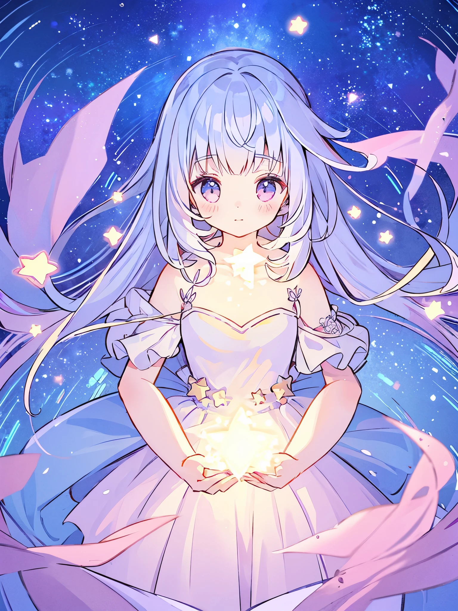 complex background, wishing star background, a woman wearing an ethereal mystical pink translucent dress that reflects the stars, perfume promo art, mystic, complex drawing, highly detailed, Covergirl brand, promo art, artistic rendition, ethereal, starry night, midjourney style
