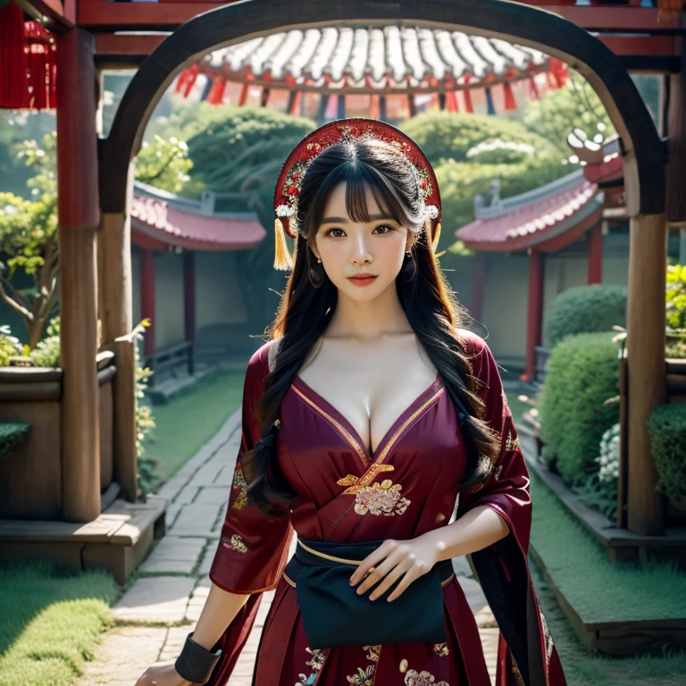 1 young woman aged 30 years, Beautiful, long, flowing hair, Face with heavy makeup, clearly enhance beauty, Big, bouncy breasts, Looking at the camera with sexy eyes, In a dark red, dark blue dress., Standing, walking, different actions, In a flower garden,There is a Chinese style hut., Chinese woman, traditional chinese clothing Taken with a high quality camera 45,000,000,000 pixels 16k,,