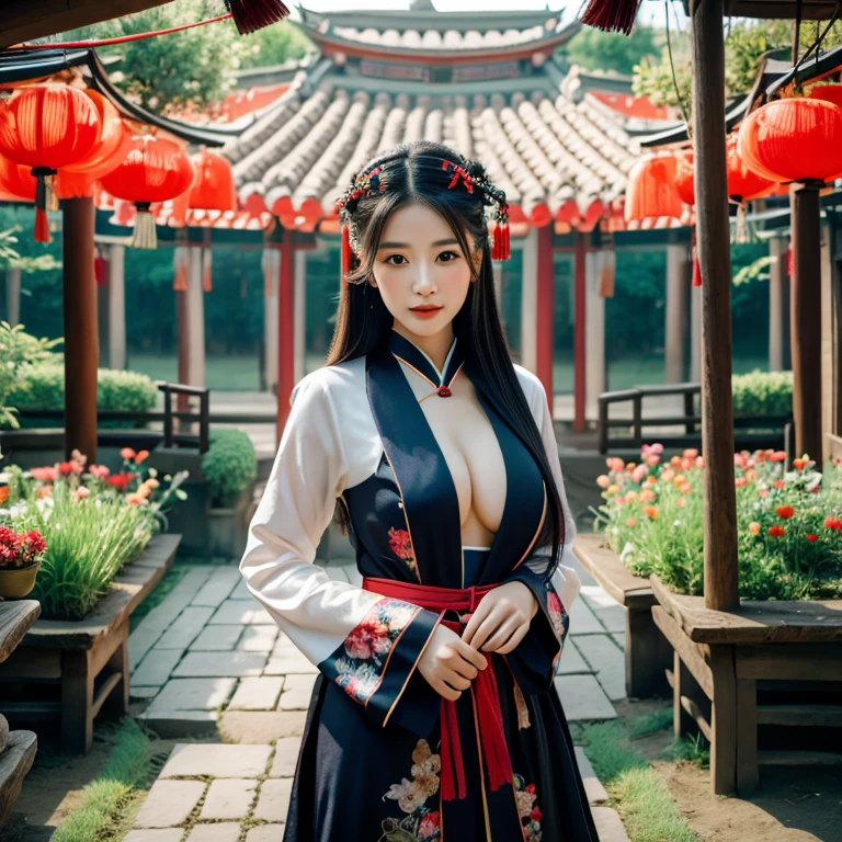 1 young woman aged 30 years, Beautiful, long, flowing hair, Face with heavy makeup, clearly enhance beauty, Big, bouncy breasts, Looking at the camera with sexy eyes, In a dark red, dark blue dress., Standing, walking, different actions, In a flower garden,There is a Chinese style hut., Chinese woman, traditional chinese clothing Taken with a high quality camera 45,000,000,000 pixels 16k,,