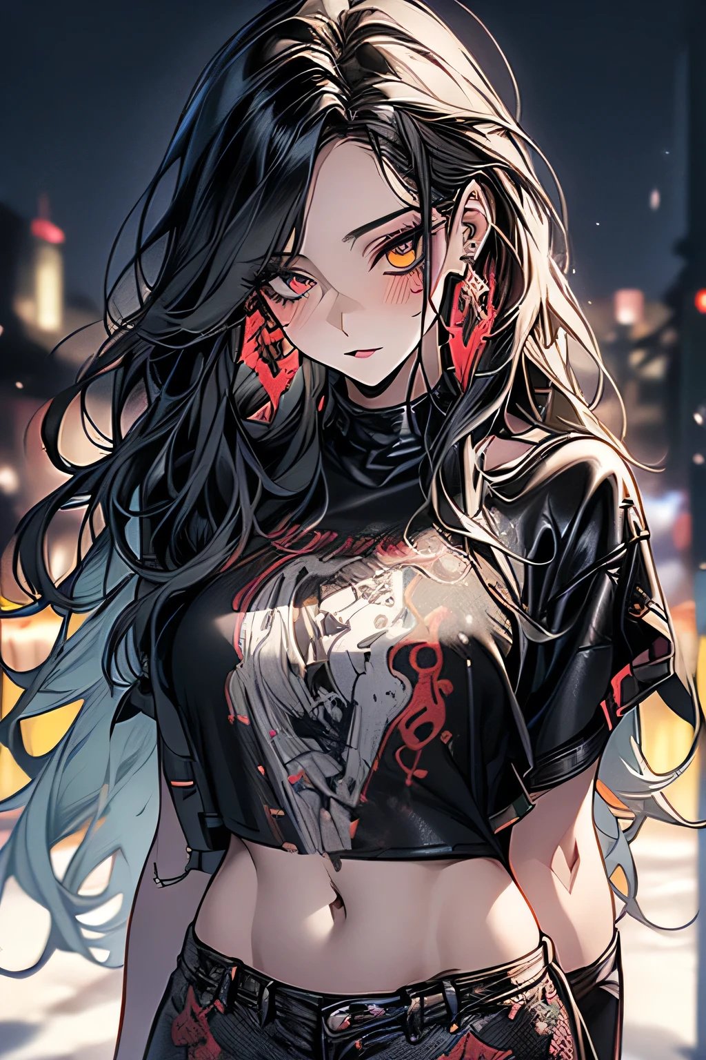 goth girl,1girl,((extremely cute and beautiful black haired anime goth girl)),(((16 years old))),(large breasts:1.2),((((black wavy hair:1.35,absurdly long unkempt hair,messy hair,colored inner hair,ear breathing)))),((heterochromia:1.5, (red_eye))),intricate eyes,beautiful detailed eyes,symmetrical eyes,Big eyes:1.5,((fat)),(((lustrous skin:1.5,bright skin: 1.5,skin tanned,shiny skin,very shiny skin,shiny body,plastic glitter skin,exaggerated shiny skin,illuminated skin))),(spider lower abdomen,narrow waist,wide hip,athletic body,inflated legs,detailed body,(detailed face)),

cute,slutty,seductive,erotic,(nsfw),

revealing clothing,show skin,((((printed T-shirt:1.3),black leather crop jacket:1.3))),((black leather pants,)),((underpants strap)),((underboob:1.2)),(((Black Eyeshadow,Thick Black Eyeliner,Long Dramatic Eyelashes,Black Lips,Goth Accessories,intricate makeup))),(((intricate outfit,intricate clothes,embroidered outfit,ornate outfit,embroidered clothes,ornate clothes))),

(dynamic pose:1.0),embarrassed,(centered,scale to fit dimensions,Rule of thirds),

((snowy pine forest at night)), with dark stormy clouds,winter,scenery:1.25,((snow forest background)),Christmas tree,

(Glossy winter ornaments),(top-quality,8K,32K,​masterpiece),high resolution,(Photorealistic:1.4),Ray tracing,Sun glare,depth of fields,By backlight effect,Add depth to your screen,(((vibrant colors,vibrant theme))),(intricate),(high contrast,photorealistic artwork:1.37),(best quality,4k,highres,masterpiece:1.2),ultra-detailed,(realistic,photorealistic,photo-realistic:1.37),professional,