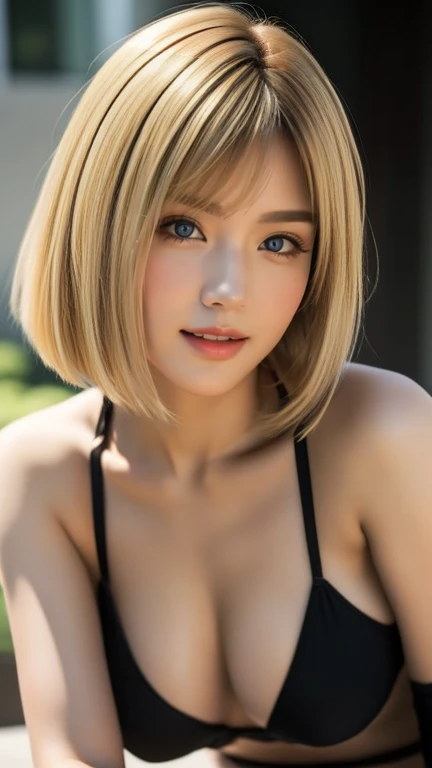 Bikini, black, saggy tits, big , golden blonde bob, short hair, bangs to the side. copper blonde hair Sharp eyeliner, eye shadow, smile, blush, thick eyelashes, very delicate and beautiful, round chin, sharp focus.