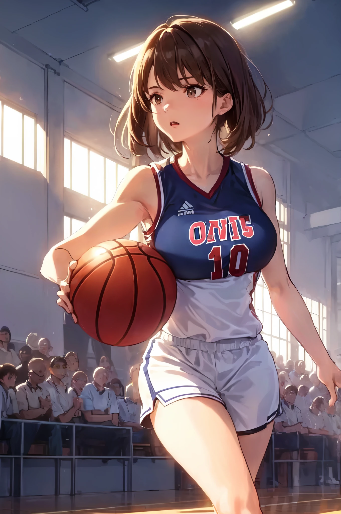 Only one female, (Dynamic pose:1.2), /(Basketball Uniforms/), Mature Woman, /(Light brown hair/) bangs, A look of determination, (Masterpiece of the highest quality:1.2) Delicate illustrations, super detailed, Big Break /(Civic gymnasium/) indoor, audience