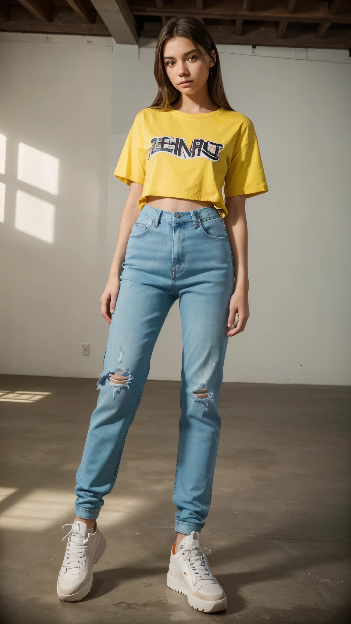 A teenager with full body, standing, has brunette hair, bluish hair, wearing a bright yellow t-shirt with fashionable rips, jeans with fashionable rips, and high top sneakers, posing for a photo. (best quality,4k,8k,highres,masterpiece:1.2),ultra-detailed,(realistic,photorealistic,photo-realistic:1.37), vivid colors, portraits, sharp focus, studio lighting, youthful vibe