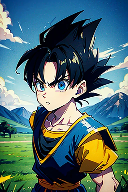 (best quality,4k,8k,highres,masterpiece:1.2),ultra-detailed,(styly Dragon ball anime antigo), vibrant colors, dynamic lighting, portrait, anime, Saiyan, Vegeta's son, cute, spiky hair, energetic expression, 5-year-old boy, confident gaze, determined look, iconic blue Saiyan armor, confident pose, floating energy aura, intense training scene, green grassy field, bright blue sky, playful atmosphere, Dragon Ball Z-inspired artwork