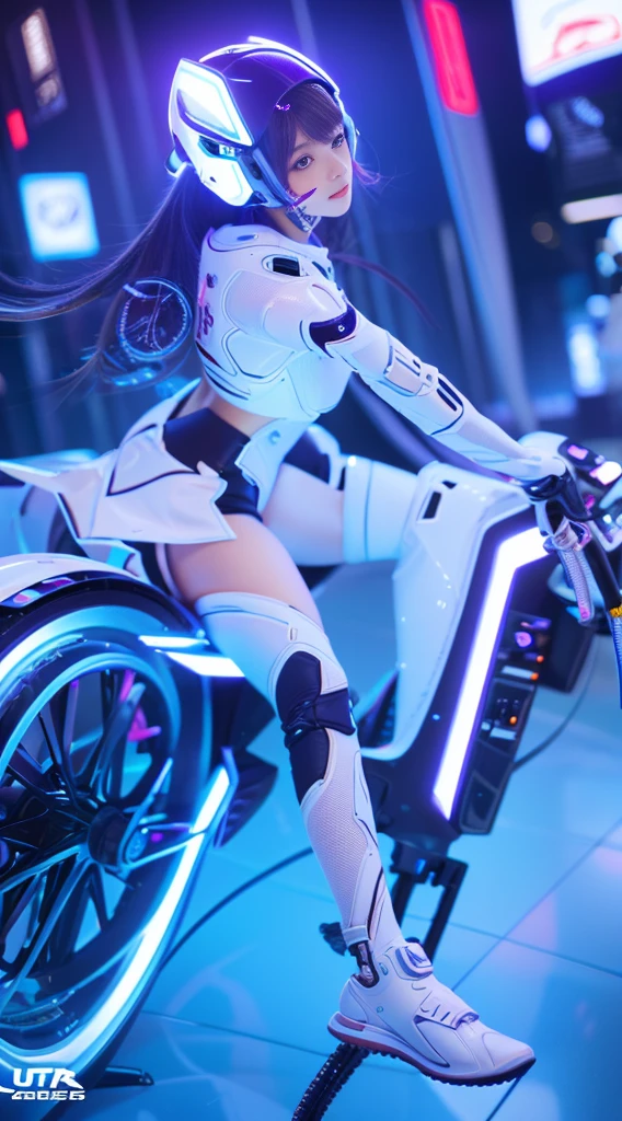 Beautiful full body white white mecha short hair cyber sailor and cyber mechanical motorcycle, high-tech white full surround helmet, white long hair, Nousr, biomechanics, MSHN robot man, high-tech helmet, surreal, steel, complex design, crazy details, fine details, extremely clear lines, cinematic lighting, photo realistic, detailed masterpiece