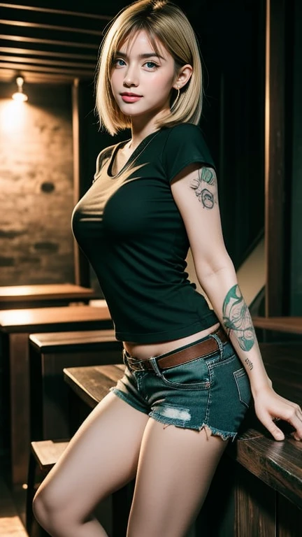 young girl (21 years old), (perfect face.), fit the body (tattoo designs), (rock style), (green eyes), (full body close up), (tired: black band shirt, Torn jeans shorts), Saggy , golden blonde bob, short hair, bangs to the side. copper blonde hair Sharp eyeliner, eye shadow, smile, blush, thick eyelashes, very delicate and beautiful, round chin, sharp focus.
, Stomach wide open, Model, Sagging breasts, Hard nipples.), (The back is a nightclub style...) Military boots
