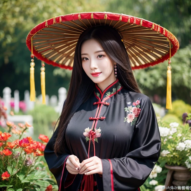 1 young woman aged 30 years, Beautiful, long, flowing hair, Face with heavy makeup, clearly enhance beauty, Big, bouncy breasts, Looking at the camera with sexy eyes, In a dark black outfit,dark red dark blue, Standing, walking, different actions, In a flower garden,There is a Chinese style hut., Chinese woman, traditional chinese clothing Taken with a high quality camera 45,000,000,000 pixels 16k,,
