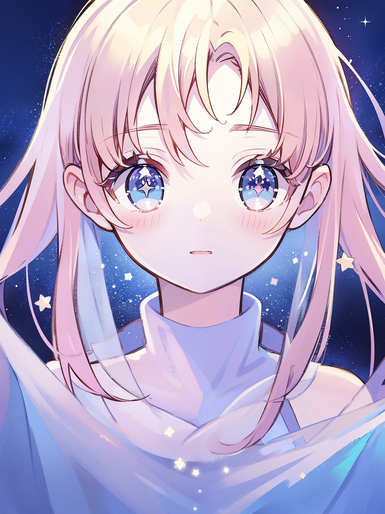 complex background, wishing star background, portrait of a woman wearing an ethereal mystical pink translucent dress that reflects the stars, close up, sparkling detailed eyes, golden ratio face, perfect composition, perfume promo art, mystic, complex drawing, highly detailed, Covergirl brand, promo art, artistic rendition, ethereal, starry night, midjourney style