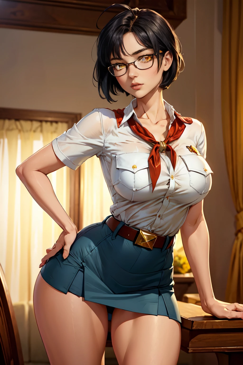 detailed eyes, 8k, (skinny body:1.2), curvy, (hands behind her back:1.2), seductive pose, looking at viewer, young girl, beautiful eyes, realistic lighting, detailed outfit, realistic facial features, hyper detail, (perfect angle:1.3), (focus on face and leg:1.3), (dark blue short hair:1.3), very short disheveled hair, (ahoge:1.3), (glasses:1.3), (yellow eyes:1.4), perfect breast, pioneer neckerchief, micro blue tight skirt, bangs, shirt, collarbone, very tight white shirt, short sleeves, collared shirt, belt, eyelashes, red neckerchief, breast pocket, jenya.d 