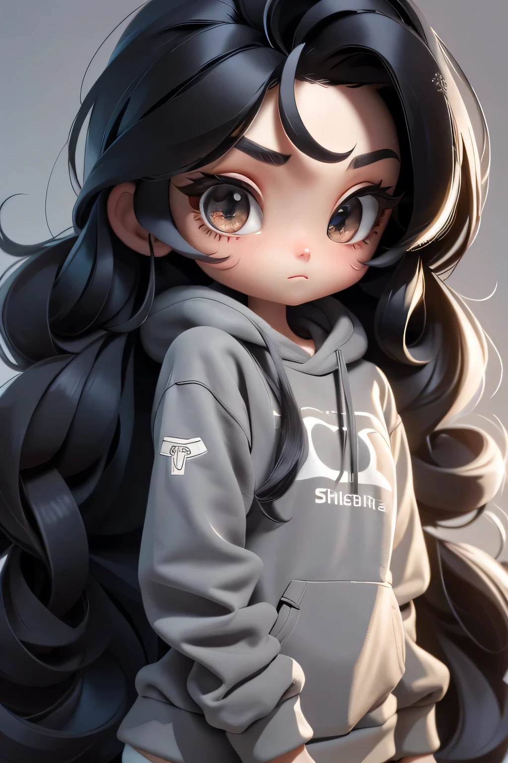 Masterpiece, Best quality, 8K, Cinematic light, Ultra-high resolution, tchibi, 1girll,full bodyesbian, extra very long hair,black hair,boxer,grey sweatshirt