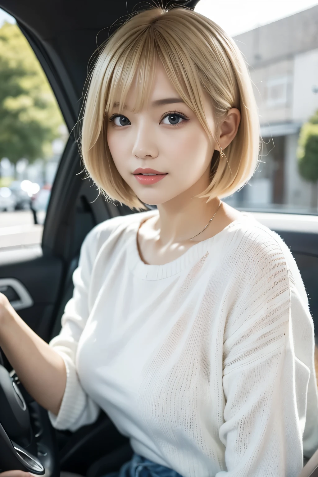 Blonde Hair:1.4, White summer knitwear:1.3, driving:1.2, Medium Bob, drivingする日本人女性