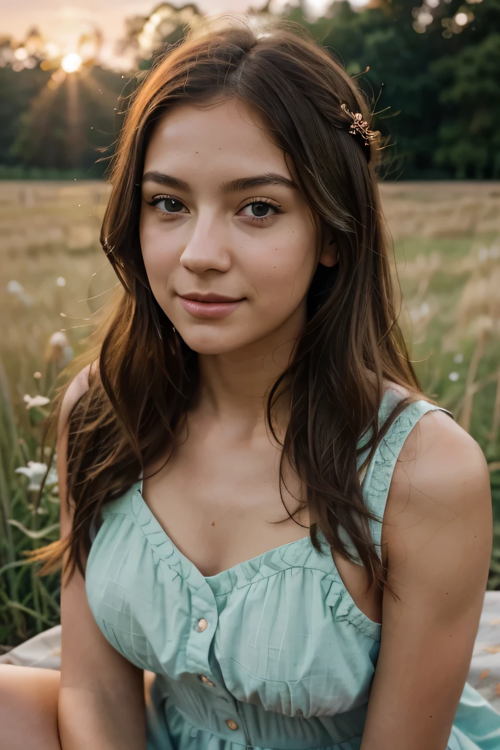 [Character Name]: "Mia zaklina"; "19"; "student"
[Descriptive Attributes]: "petite figure"; "graceful posture"; "bright green eyes"
[Hair Description]: "chestnut brown hair"; "straight and sleek"
[Activity/Setting]: "in the bed"; "sunrise"; "fingering"
[Unique Features]: "rosy cheeks"; "tiny silver nose ring"; "playful smile"
[Location]: "countryside meadow"
[Lighting Condition]: "soft morning light"
[Specific Elements]: "flowing summer dress"; "barefoot in dewy grass"

[Camera Type]: "Sony A7 III"; "35mm f/1.4 lens"; "mirrorless"
[Art Style]: "natural and whimsical"; "vivid colors"; "soft edges"
[Additional Effects]: "soft vignette"; "natural bokeh"
[Overall Mood]: "innocent"; "joyful"; "refreshing"
[Resolution]: "4K"; "300 DPI"; "ultra high definition"
[Technique/Software]: "Adobe Lightroom"; "color enhancement"; "Photoshop retouching"
[Desired Effect]: "youthful exuberance"; "pure beauty"; "charming simplicity"

This profile aims to capture the essence of youthful innocence and natural beauty in a serene, countryside setting.