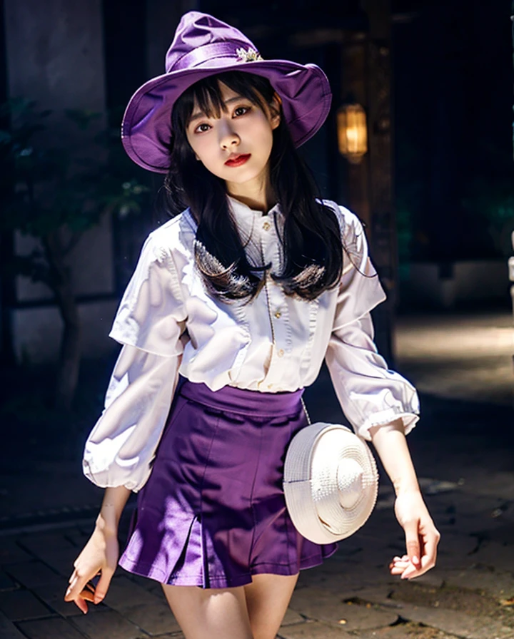 magician、mini skirt、null、flying、background:青null、Purple clothes、Witch Hat、Use magic、Emit red light