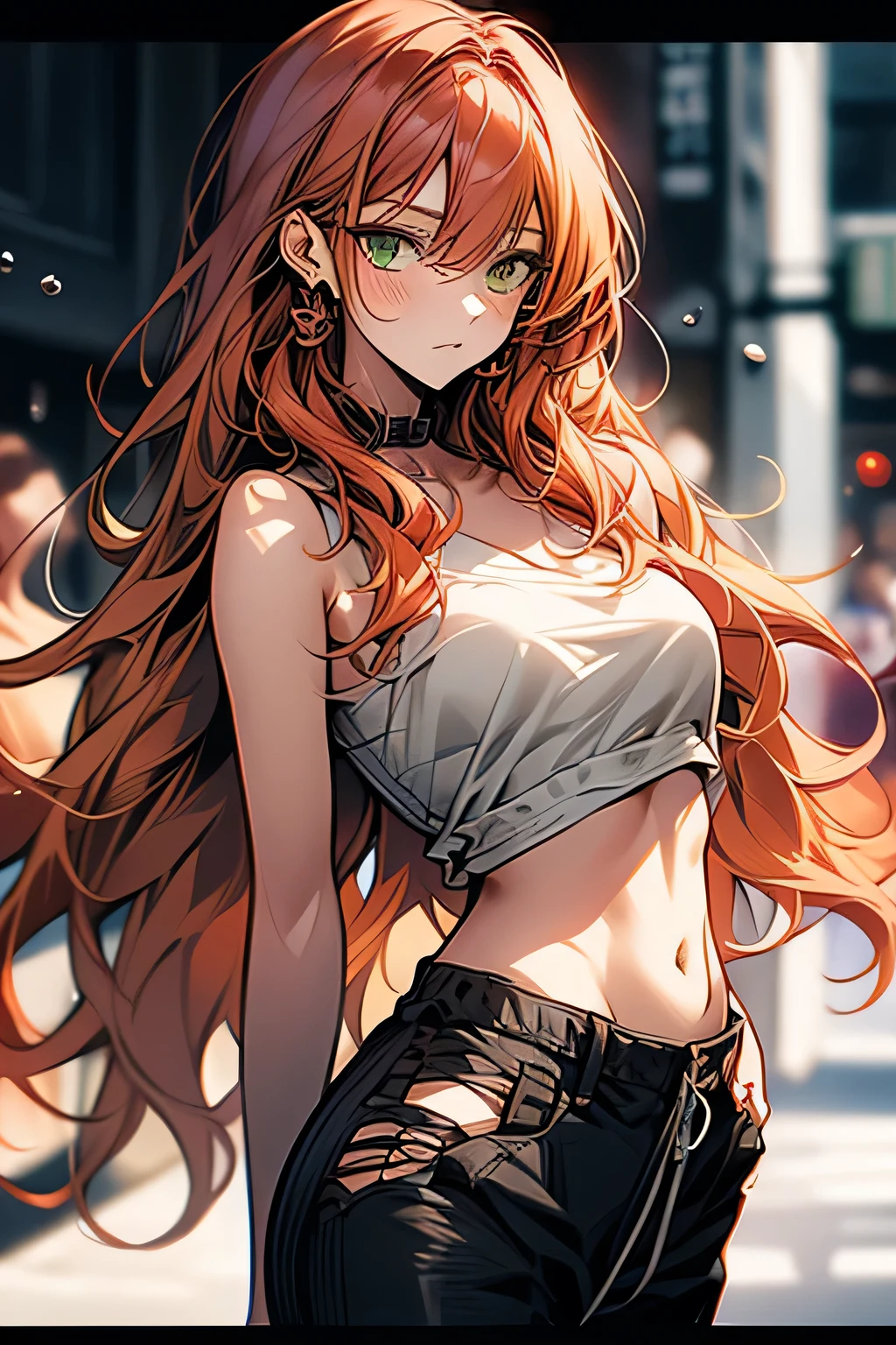 masterpiece, highest quality, pixiv, cool girl, the strongest pirate girl, skull fashion, orange red hair, curly hair, dull bangs, straight bangs, green eyes, white skin, gal, completely ?????, Improve