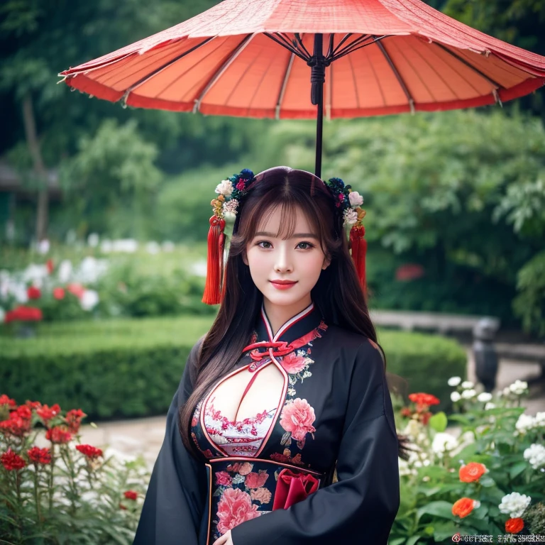 1 young woman aged 30 years, Beautiful, long, flowing hair, Face with heavy makeup, clearly enhance beauty, Big, bouncy breasts, Looking at the camera with sexy eyes, In a dark black outfit,dark red dark blue, holding an umbrella,Standing, walking, different actions, In a flower garden,There is a Chinese style hut., Chinese woman, traditional chinese clothing Taken with a high quality camera 45,000,000,000 pixels 16k,,