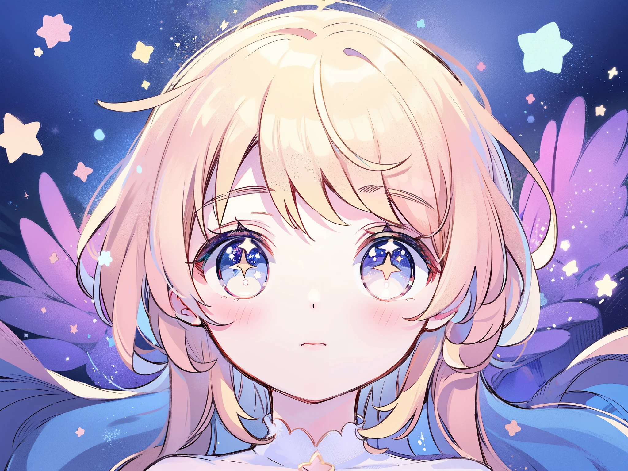 complex background, wishing star background, portrait of a woman wearing an ethereal mystical pink translucent dress that reflects the stars, close up, sparkling detailed eyes, golden ratio face, perfect composition, perfume promo art, mystic, complex drawing, highly detailed, Covergirl brand, promo art, artistic rendition, ethereal, starry night, midjourney style