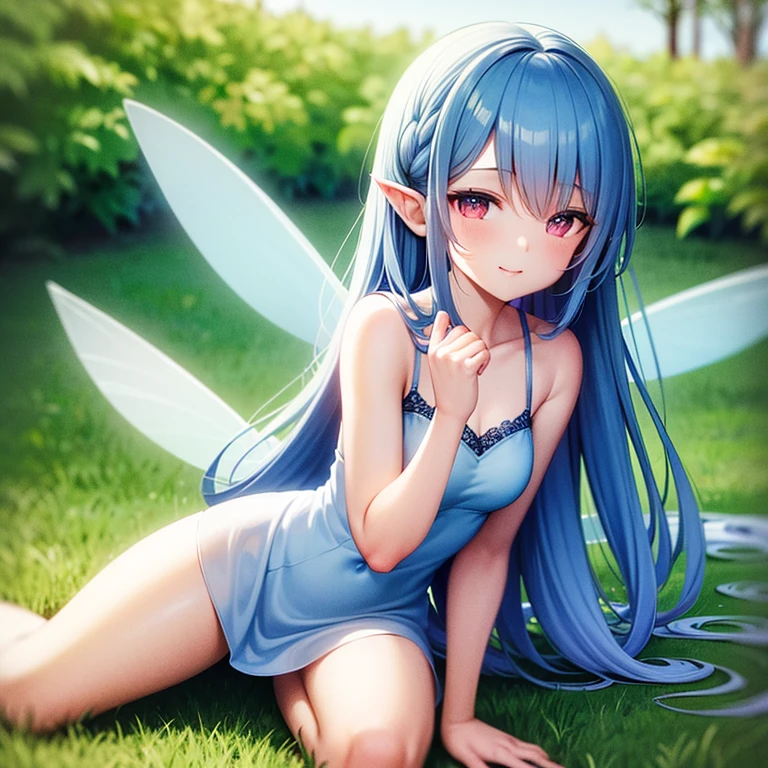 (best quality,highres),cute little fairy with transparent wings,mini dress,thick thighs,long light blue hair,lying on the grass,tenderly smiling,teasing,ultra-detailed,portraits,vivid colors,painting-like,soft lighting