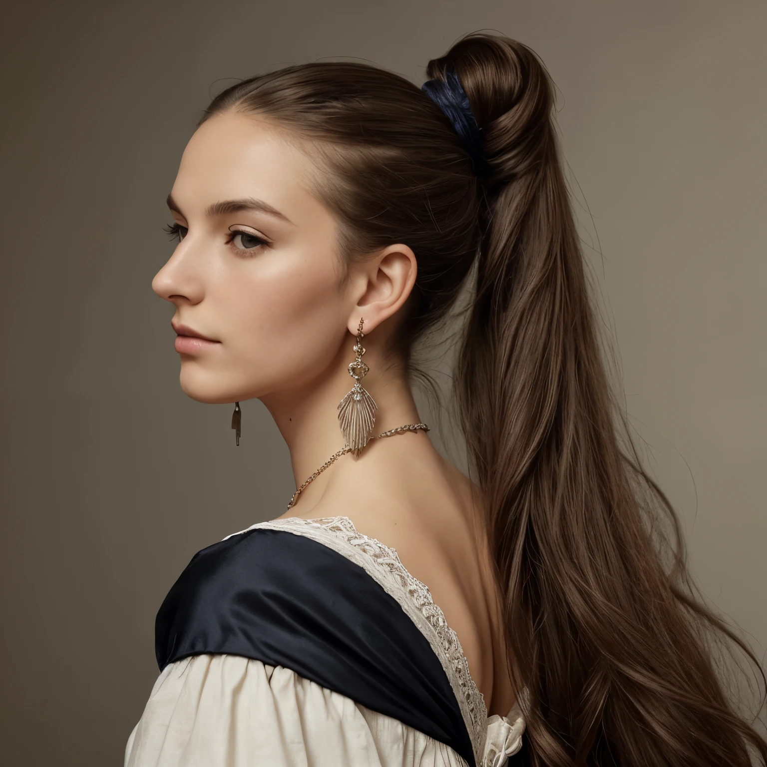 European woman with long hair in a ponytail, elegant portrait photo, fancy earrings, Victorian dress