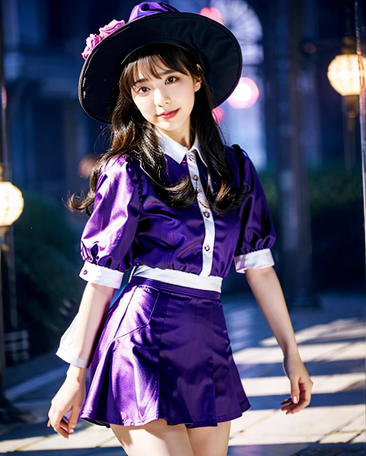 magician、mini skirt、null、flying、background:青null、Purple clothes、Witch Hat、Use magic、Emit red light