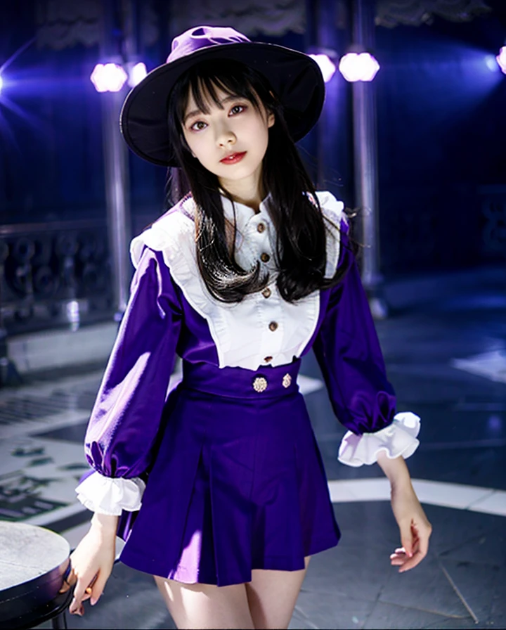 magician、mini skirt、null、flying、background：青null、Purple clothes、Witch Hat、Use magic、Emit red light